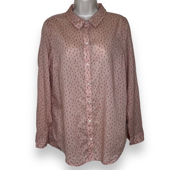 Old Navy Ditsy Floral Tan Red Button Up Long Sleeve Cotton Shirt Women Large NWT - Picture 1 of 14